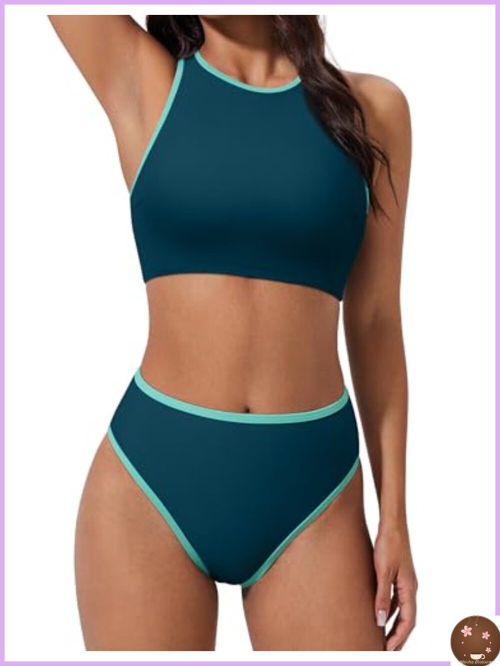 High Waisted High Cut Two Piece Bikini Set with Racerback Crop Top